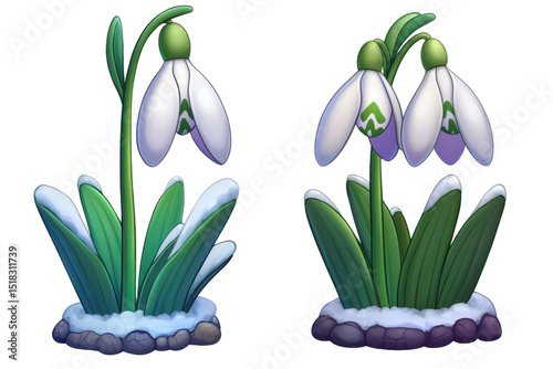 Pair of stylized snowdrop flowers with green accents, surrounded by snow and rocks, representing beauty of spring. These flowers symbolize renewal and hope