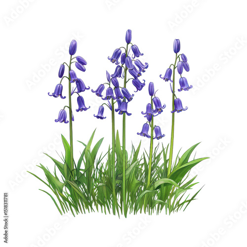 Beautiful cluster of bluebell flowers surrounded by lush green grass, creating serene and vibrant natural scene