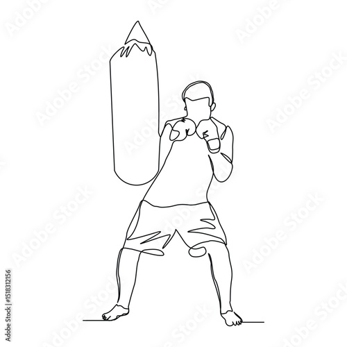 Continuous line drawing of male boxing athlete training with punching bag. Sport single line editable stroke sketch vector illustration