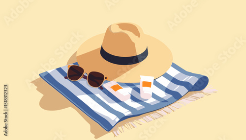 Beach essentials: straw hat, sunglasses, sunscreen, and striped towel, sunny beach background, copy space