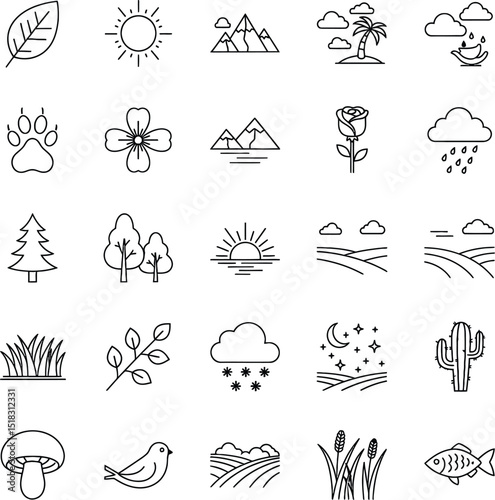 Vector icons of nature and weather elements representing different seasons and environments
