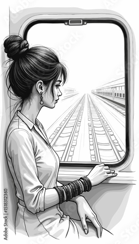 Thoughtful woman gazing out of a train window, black and white illustration, journey mood, reflection