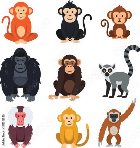 Adorable collection of various monkey species and primates in cartoon vector illustration