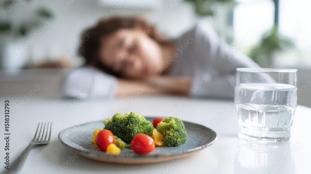 The vibrant plate of broccoli and tomatoes beside a tired woman. The vibrant plate of broccoli and tomatoes beside a tired woman.