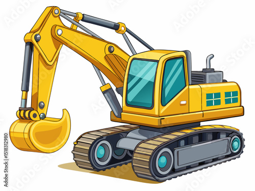 A detailed vector of a yellow excavator with digging arm, isolated on a white background
