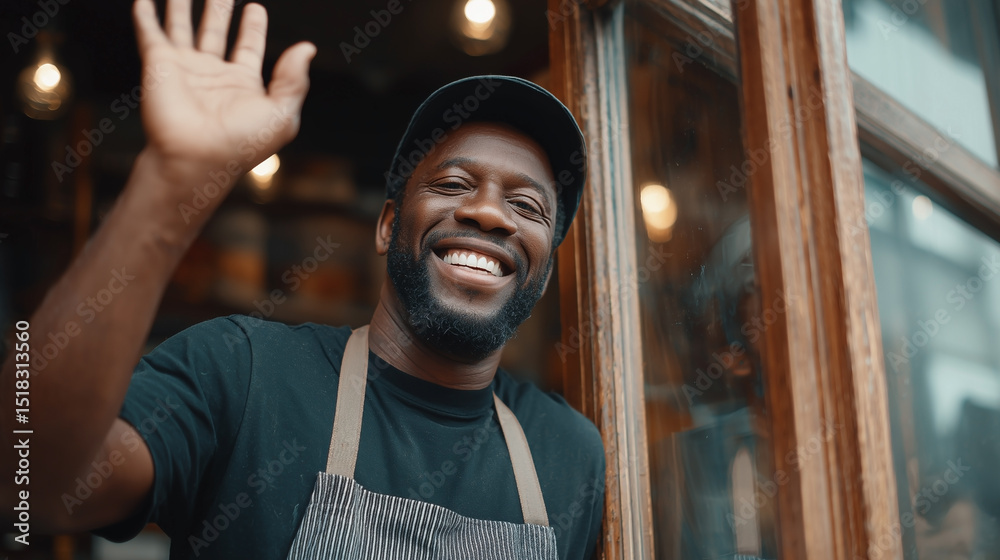 A man with a black shirt and apron is smiling and waving A man with a black shirt and apron is smiling and waving
