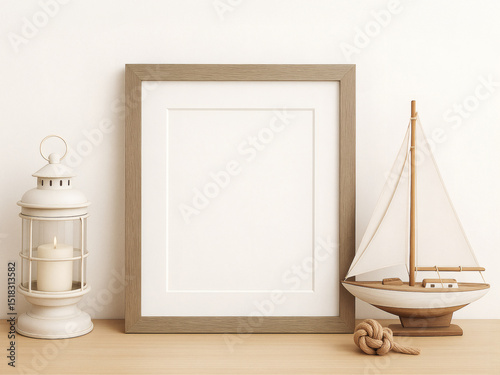 Empty picture frame suitable for photography or artwork mockups, in 4:5 portrait orientation. Neutral nautical decor including sailboat, candle, and rope knot. 