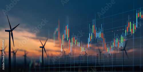 Fototapeta Naklejka Na Ścianę i Meble -  Wind turbines at sunset with overlay of financial stock market chart, symbolizing green energy investment and sustainable finance