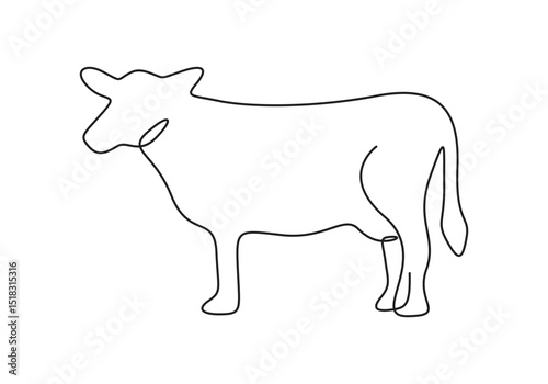 Continuous one line drawing of standing cow. Minimalist animal line art style cow firm concept vector illustration