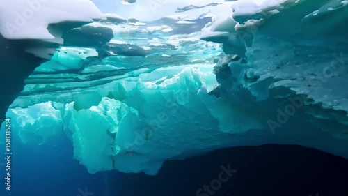 Underwater view of an ice cap showing glacier melting due to global warming and global warming, climate change, climate crisis, melting polar ice caps, environmental issue, ocean pollution footage.
