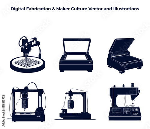 Silhouette Icons of Modern 3D Printers and Digital Fabrication Machines