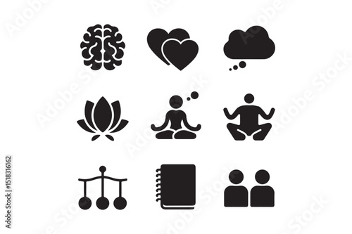 Mindfulness Meditation Icons Set Brain, Yoga, Emotions, Wellness, Zen Symbols