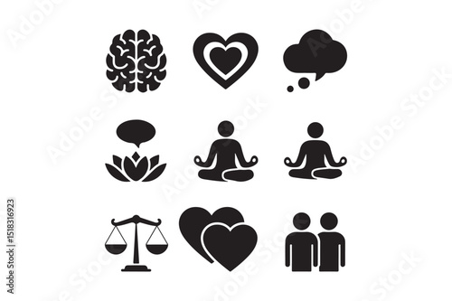 Mindful Meditation Icons Bundle Brain, Heart, Balance, Thought, Yoga, Wellness Vectors