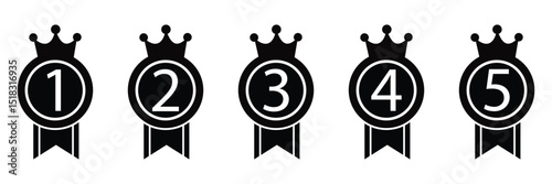 Ranking Medal Icon Set – 1st to 5th Place Award Ribbons in Flat Vector Design