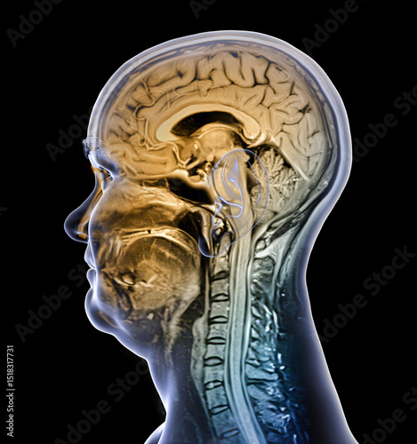 Brain anatomy, 3D illustration and composite MRI