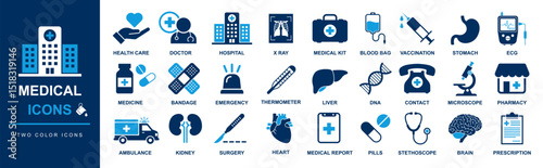 medical and health care icon set. medicine and hospital related icons collection. eps two color icons with names. medicine, nursing, treatment, pharmacy, prescription, healthy lifestyle etc concept
