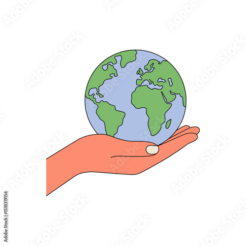 World in Hand: An illustrated world globe delicately rests on a gentle hand, embodying global care, sustainability, and environmental stewardship, set against a simple.