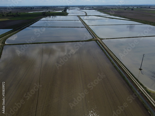 Drone view of Novara’s countryside with flooded rice fields reflecting the sky—iconic of local agricultural land use.