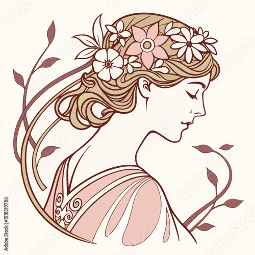 A graceful woman with flowing hair is surrounded by floral elements, symbolizing feminine beauty and natural elegance.