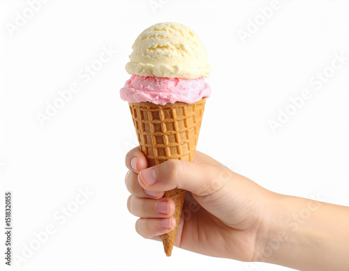 Una mano de niño con un delicioso cucurucho bolas de helado de sabores fresa y vainilla sobre fondo blanco