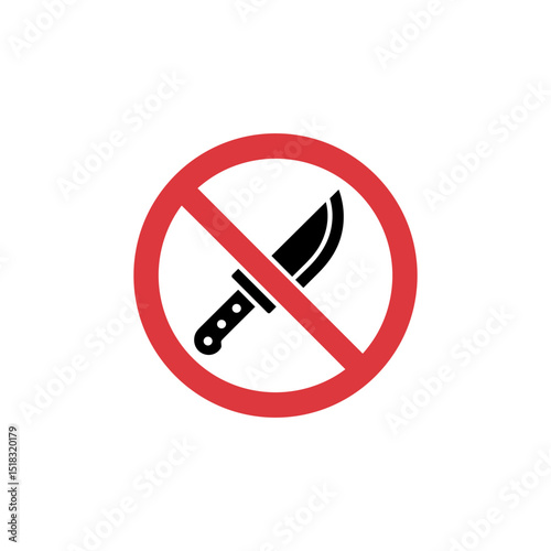 No Knife Zone: A bold and graphic representation of a knife inside a red circle, symbolizing a strict prohibition and warning.||knife, warning sign, prohibition, danger, prevention, security measure.