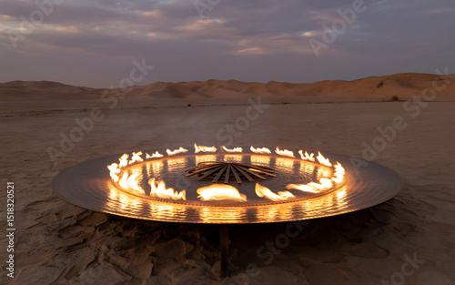 Circular fire pit installation in a desert landscape evoking warmth and unique ambiance.