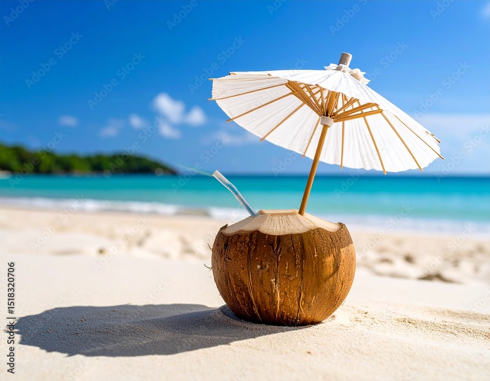 Coconut on sand with a straw and umbrella, tropical sea in the background.
