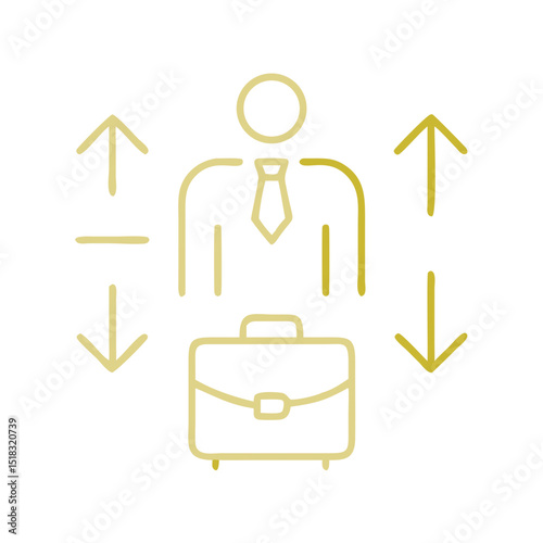 Minimalist icon representing business expansion with a professional figure and upward arrows