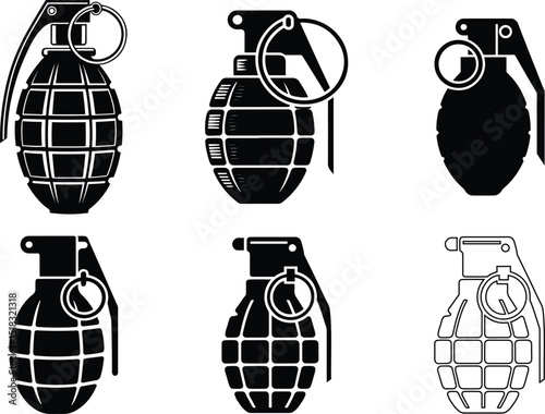 Grenade Icon Set. Hand Grenade Silhouettes and Outline Vector.