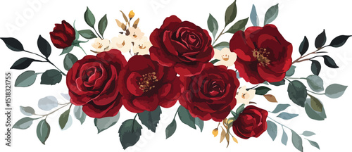 Elegant Floral Arrangement Featuring Deep Red Roses and Delicate White Flowers Complemented by Lush Green and Dark Gray Leaves Perfect for Wedding Invitations and