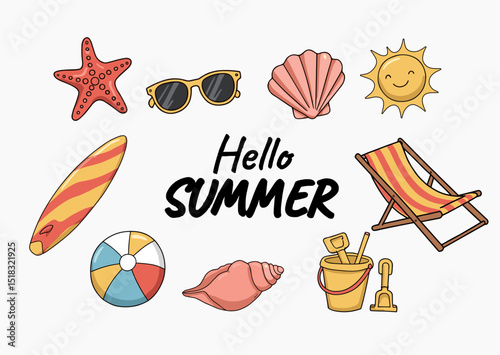 Hello Summer. Colorful Summer Vacation Icon Set – Hand Drawn and Flat Design of Beach Items like Ball, Umbrella, Sand Bucket, and Starfish for Travel and Holiday Projects