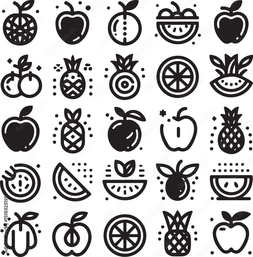Minimalist Black and White Fruit Icons Set Minimalist Black and White Fruit Icons Set