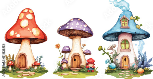 Fantasy cartoon illustration of an isolated red fly agaric toadstool in a magical autumn forest