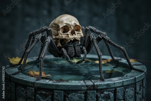 A photograph of a large, intricately detailed spider with a human skull for a head