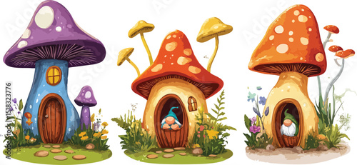 A magical fairy tale house and castle, adorned with vibrant red toadstool mushrooms and colorful flowers, illustrate an enchanting forest scene