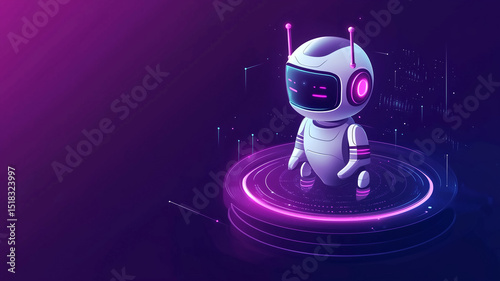 A cute, glowing purple and white cartoon robot standing on a futuristic platform, symbolizing AI, technology, and innovation.