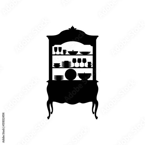 Elegant Cabinet Silhouette: A detailed black silhouette showcases a classic cabinet, adorned with delicate glassware and plates, embodying timeless elegance.