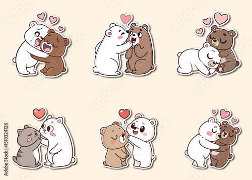 Collection of Cute Cartoon Bears Hugging, Expressing Love, and Comforting Each Other.