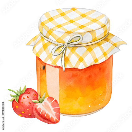 Delightful watercolor illustration of a jar filled with homemade strawberry jam, adorned with a charming yellow checkered lid and tied with a bow. Fresh strawberries rest beside it.