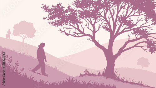 Silhouette of a Man Walking Through Nature Landscape with Tree and Hills – Vector Illustration