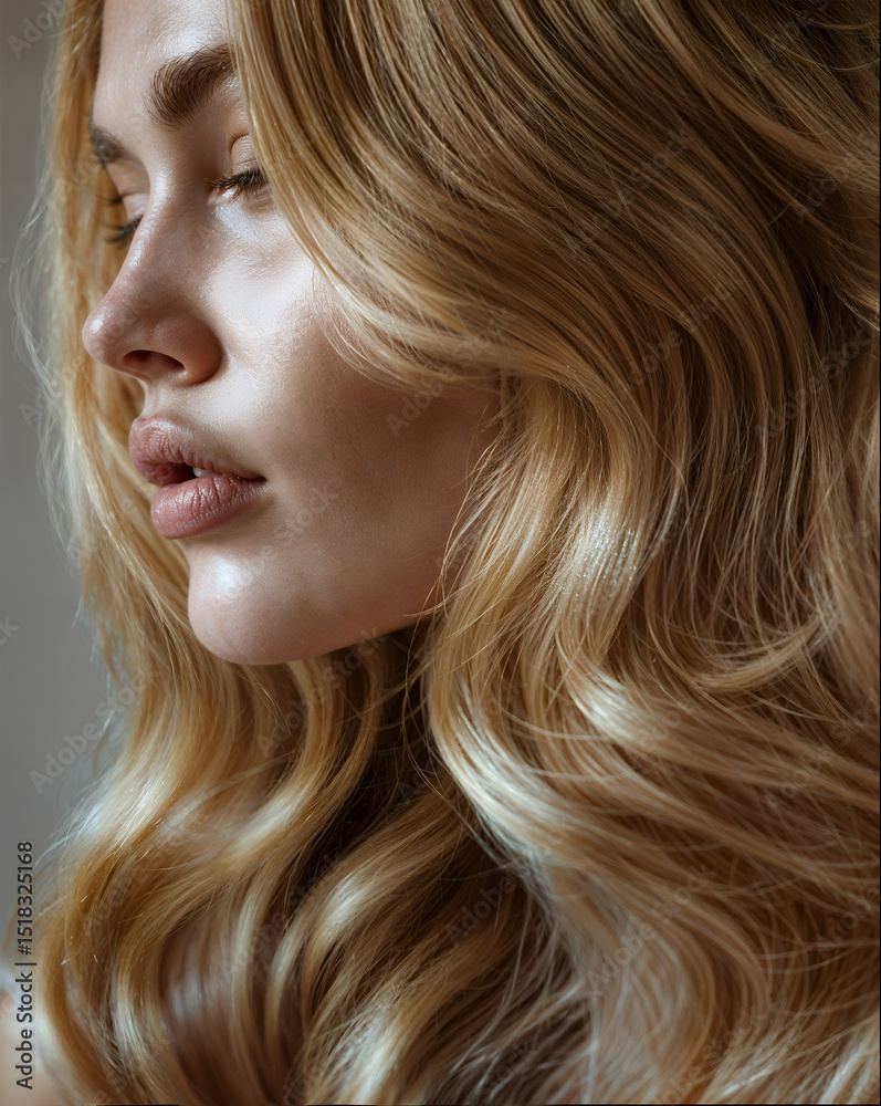 Naklejka premium Close-up side profile of blonde woman with wavy hair natural light soft skin elegant beauty calm expression
