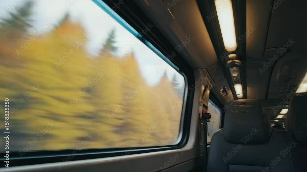 inside a train cabin, blurred view of trees in fall colors passing quickly, sunlight flashing rhythmically