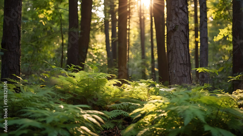 A peaceful natural background featuring a sunlit forest with soft bokeh lights, green leaves in the foreground, and warm golden hour lighting — ideal for wellness or meditation themes.