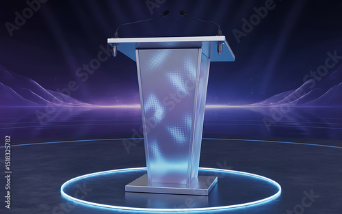 Modern illuminated podium on stage with microphones and a futuristic abstract background design