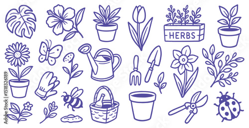 Botanical garden doodle collection displays various elements from nature with charming simplicity