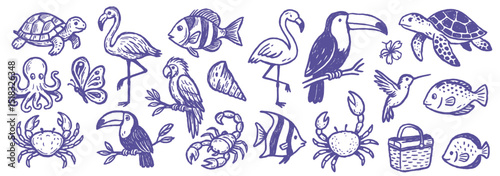 Vibrant tropical animal illustration featuring turtles, flamingos, fish, and more for a lively design