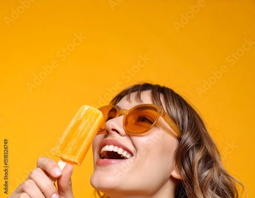 Primer plano de una persona sonriente con gafas de sol amarillas, disfrutando de una paleta helada de naranja sobre un fondo amarillo vibrante photo