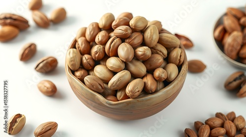 Simple composition of Brazil nuts in ceramic bowl on white background
