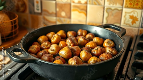 Chestnuts roasting in cast iron pan on rustic stove
