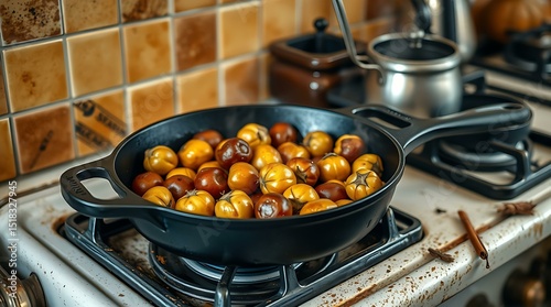 Chestnuts roasting in cast iron pan on rustic stove
